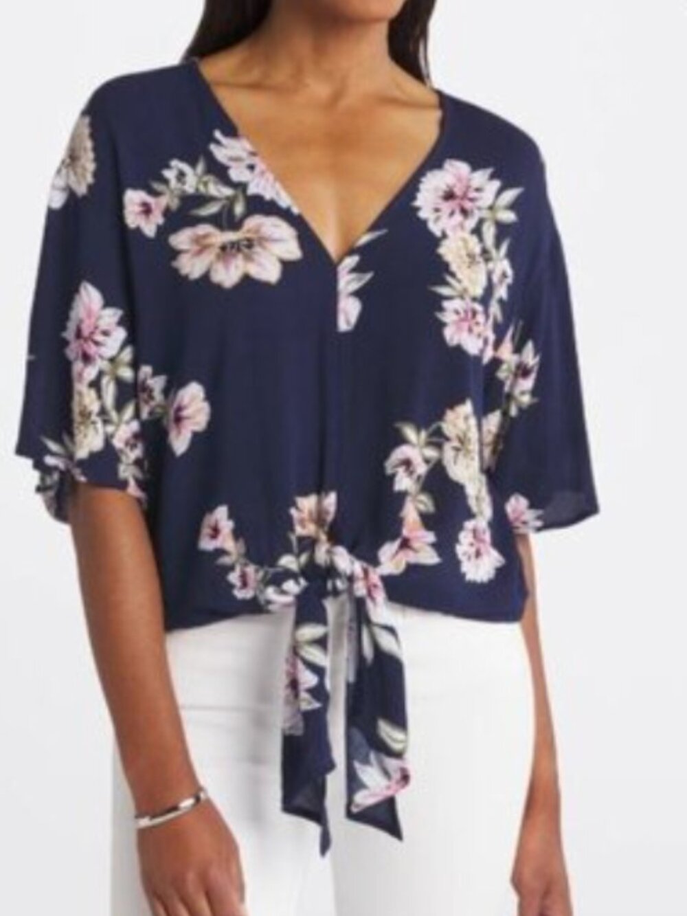 LUQ Navy & Floral Pattern Short Sleeve Front Tie Shirt Sz L